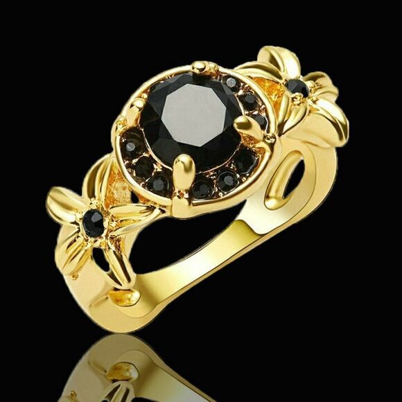 Black Sapphire Yellow Rhodium Plated Ring - Picture 1 of 2